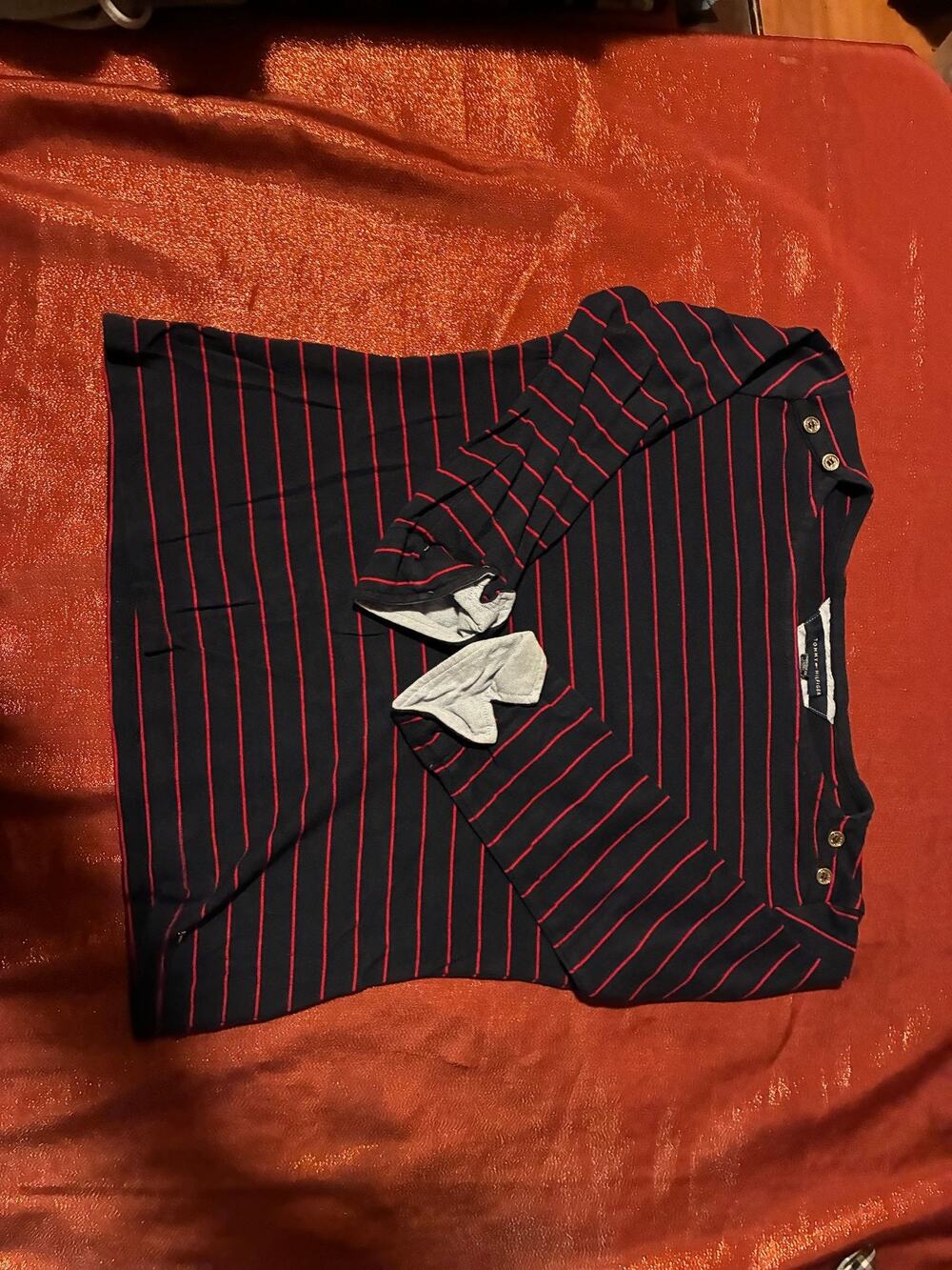 Tommy Hilfiger Top Womens Small Striped Boatneck Button Shoulder Navy Red